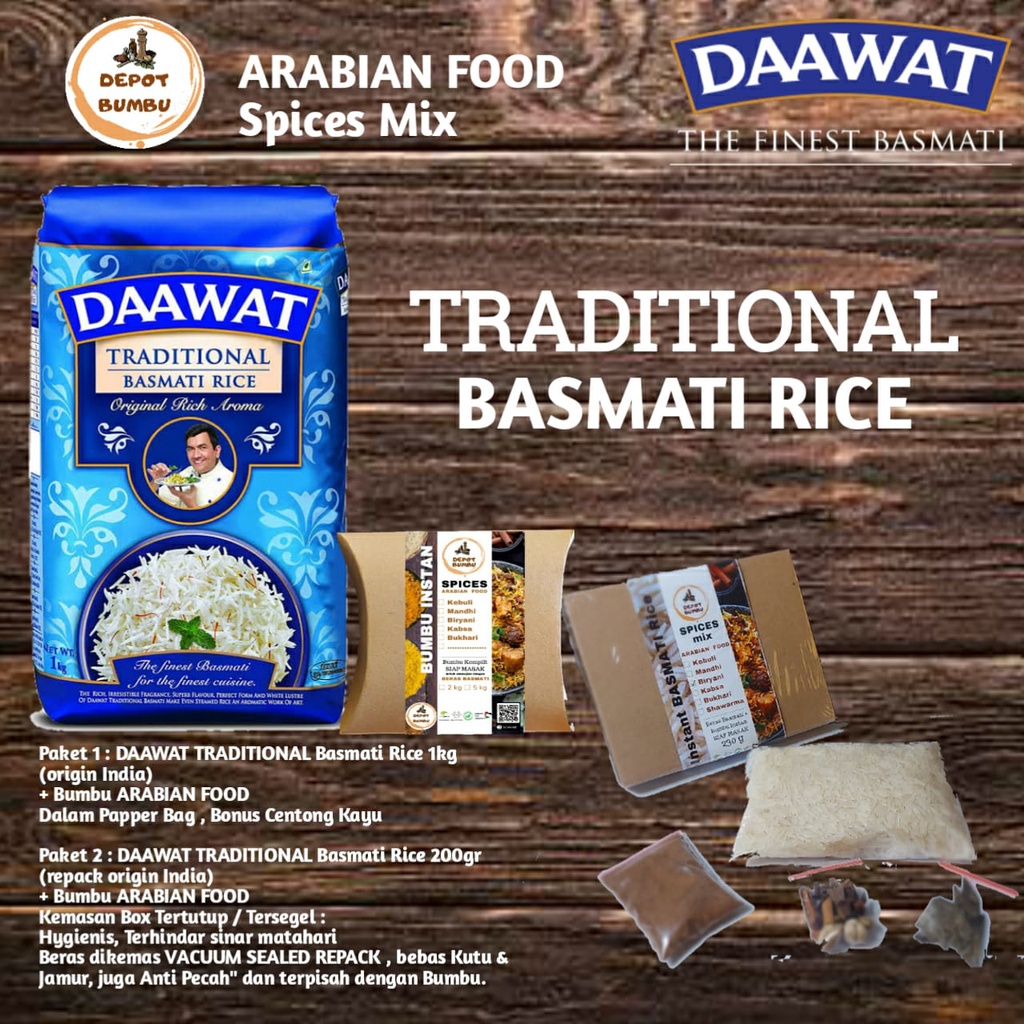 

DAAWAT TRADITIONAL Basmati Rice Asli India paket plus Bumbu Instan ARABIAN FOOD DEPOT BUMBU pilih