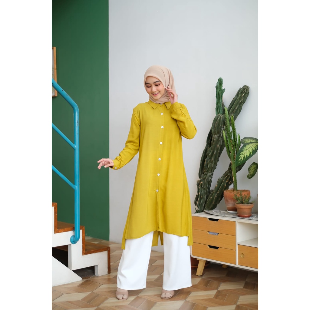 NEW- Betary Tunik Kancing Depan / Kemeja Atasan Wanita OVERSIZE Lengan Panjang Bahan Cotton Crinkle