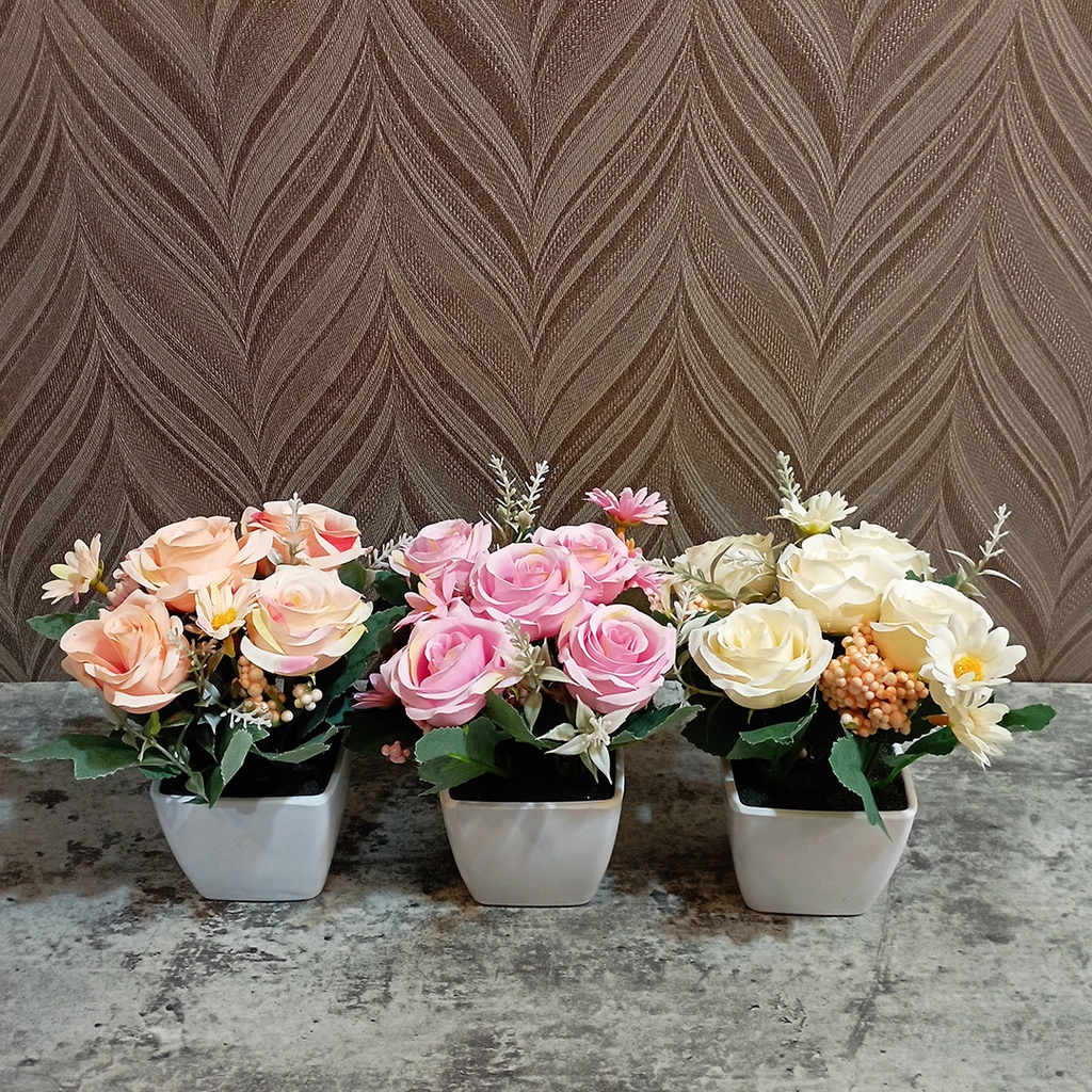 Bunga Hias Mawar Artificial Dan Pot Melamin/Bunga Pajangan Ruang Tamu/Bunga Mawar Plastik 0232