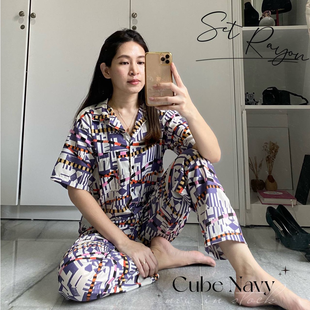 IZANY Piyama One Set Kemeja Pendek / Daily Set Kemeja Allsize Rayon Dischart-CUBE NAVY