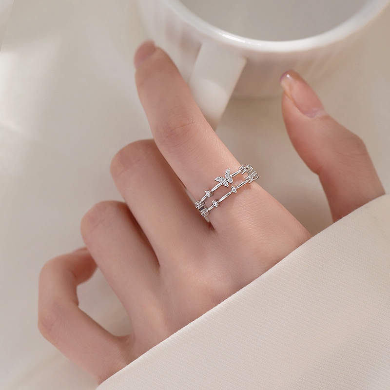 Cincin Model Terbuka Bahan Sterling Silver 925 Desain Kupukupu Ganda Hias Berlian Untuk Wanita