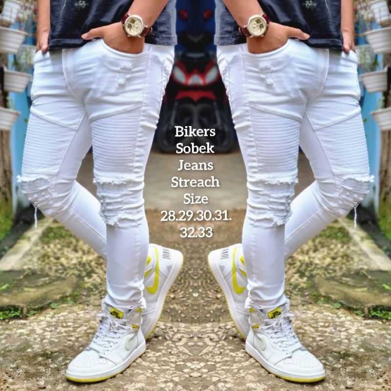 Celana Pria Jeans Ripped Sobek Jeans Bikers Putih