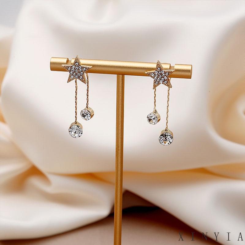 Xia.id Anting Tusuk Gantung Temperament Bahan Sterling Silver 925 Desain Bintang + Rumbai Untuk Wanita