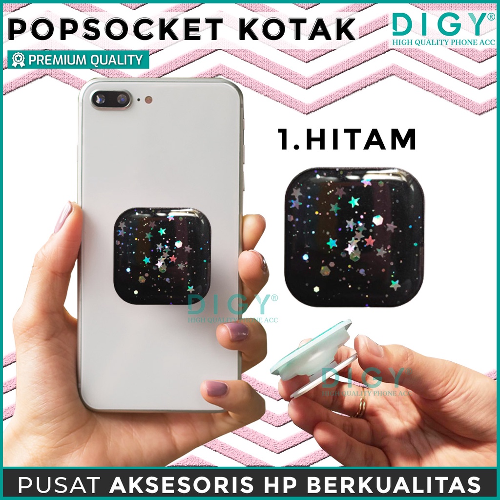 Popsocket Glitter kotak / ring stand hp quality import Pop Socket Hp Motif polos holder kotak hp / pegangan hp / standing socket