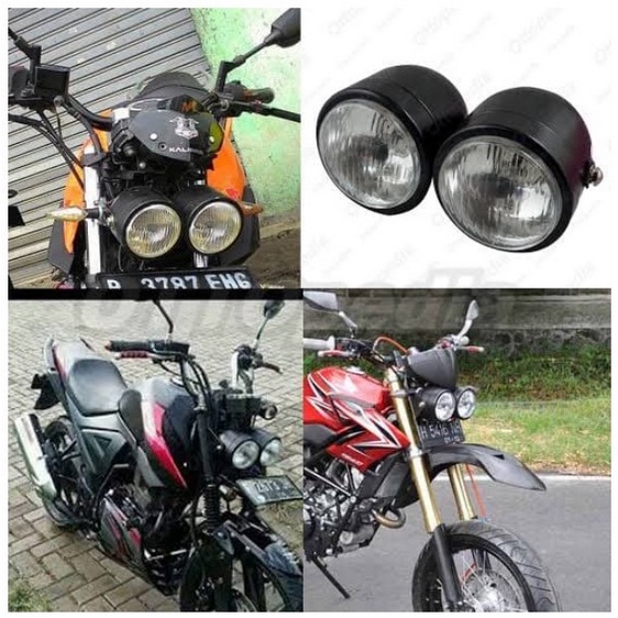 Headlamp Twin Caferacer Lampu Depan Double Headlamp Reflektor Double Bulat Hitam Lampu Depan