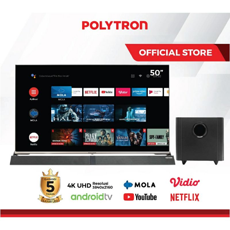 POLYTRON GOOGLE TV SMART ANDROID 11 50 INCH 50UG5959 50BUG5959 4K UHD CINEMAX SOUNDBAR