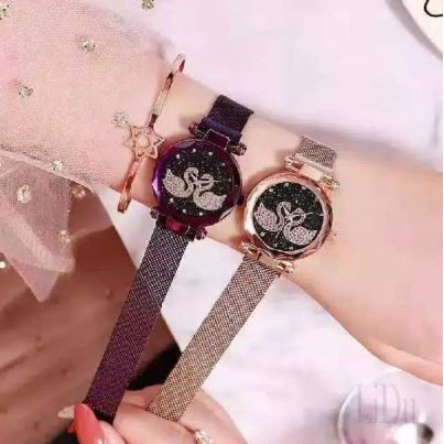 Jam Tangan Wanita Korea Strap Magnet Swarovskiy Double Angsa