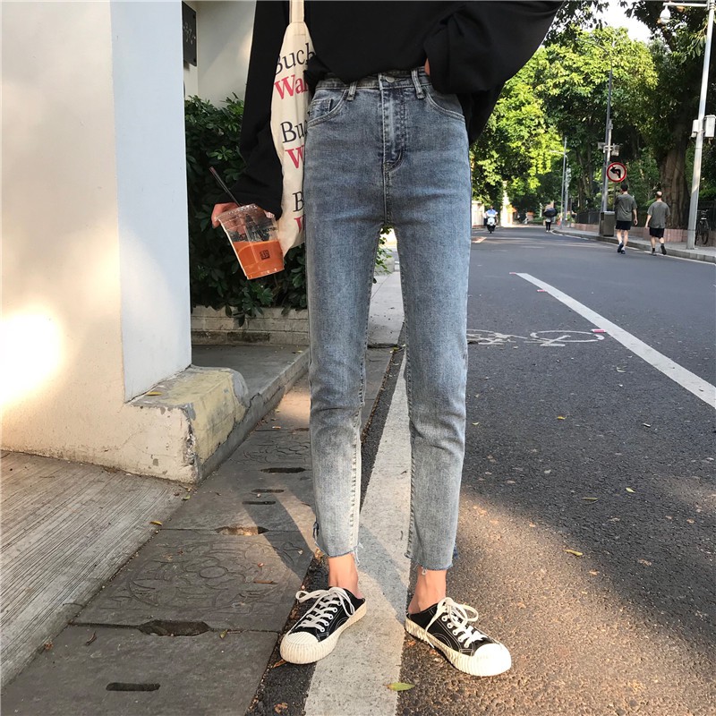 Celana Panjang Model High Waist Bahan Jeans Elastis Gaya Korea Untuk Wanita