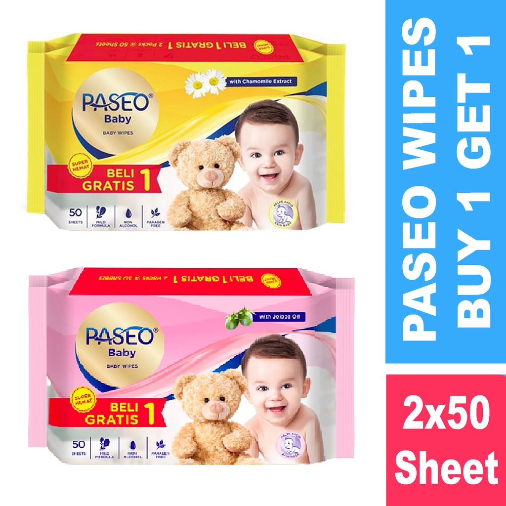 Bisa COD Paseo Baby Tissue Basah Jojoba 50 Sheets + Paseo Tissue Basah Chamomile 50 Sheets (Buy 1 Get 1 FREE)