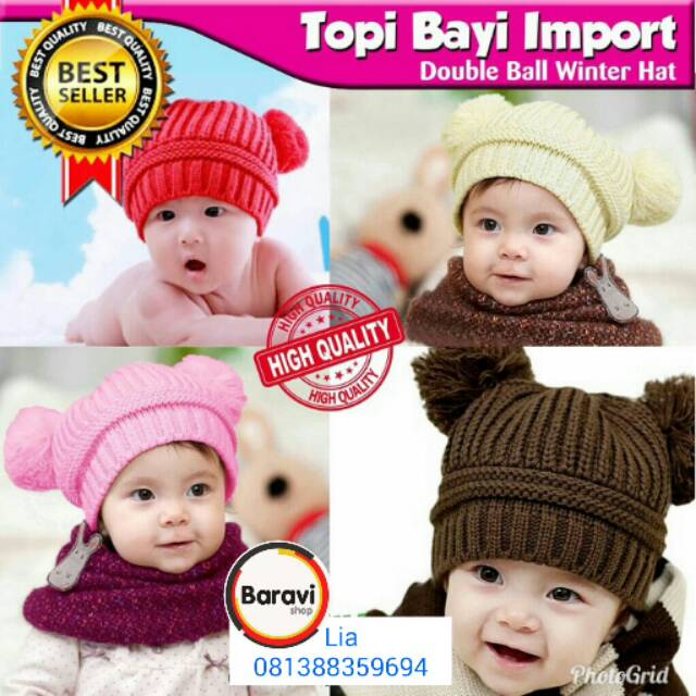 TOPI RAJUT BAYI IMPORT  DOUBLE BALL KUPLUK BAYI TOPI ANAK