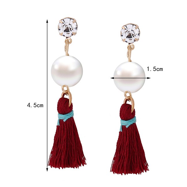 LRC Anting Tusuk Fashion Pearl &amp; diamond Decorated Tassel Pure Color Earrings