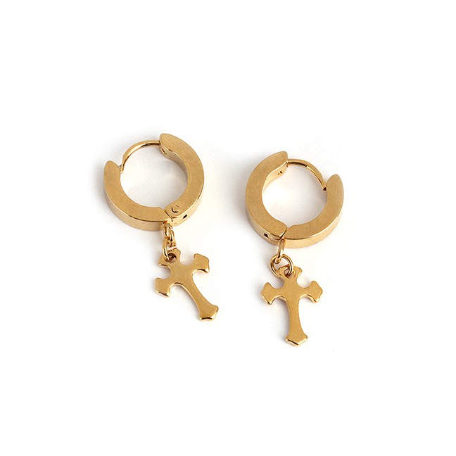 LRC Anting tusuk Fashion Golden Cross Titanium Steel Round Ear Studs D80087