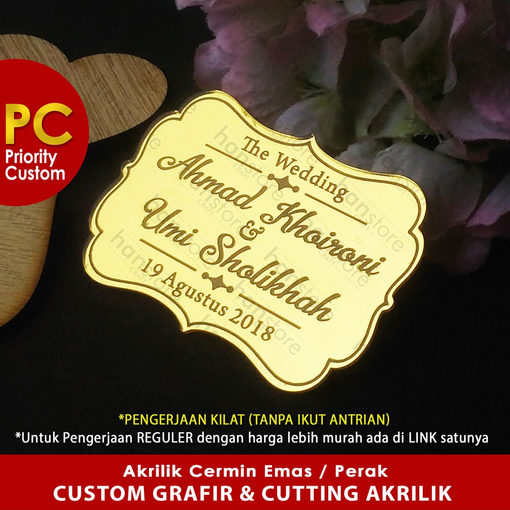 PC EXPRESS PO Nama Tanggal Nominal Text CUSTOM GRAFIR Cutting Akrilik Cermin Emas / Perak Mahar