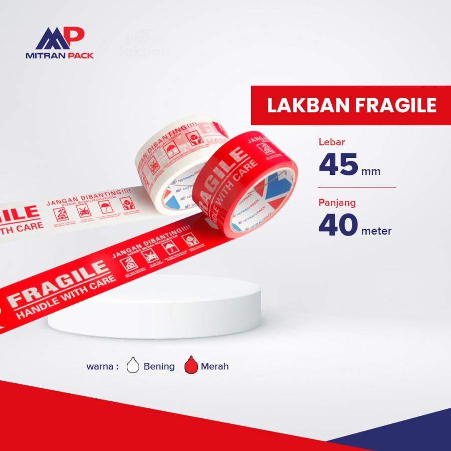 

Lakban Printing Fragile Merah 48mm x 40 meter Mitran Pack - Putih & Merah