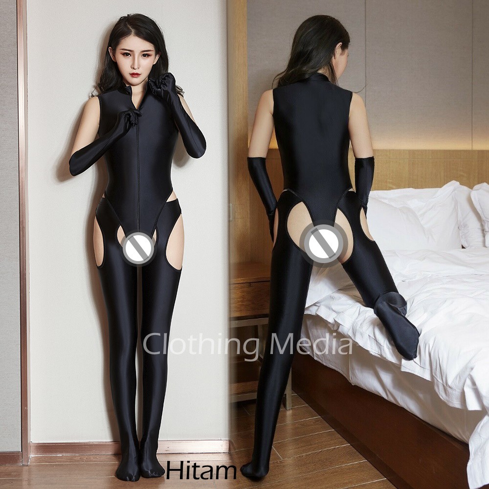 Bodysuit Set 3pcs Premium Warna Satin Pantyhose Glove Baju Leotard Zipper Catsuit