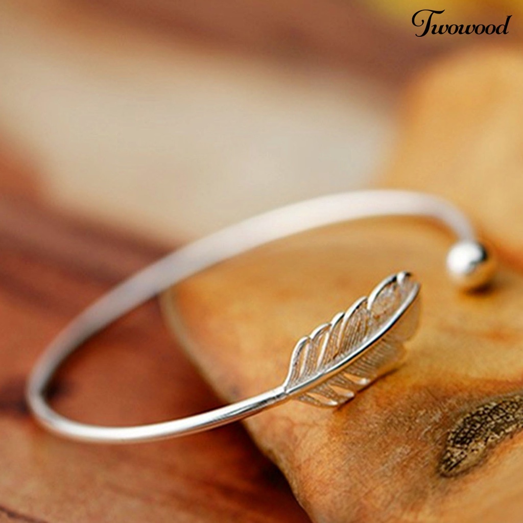 Twowood Silver Color Round Cuff Bracelet Copper Angel Feather Adjustable Simple Bangle for Valentine Day