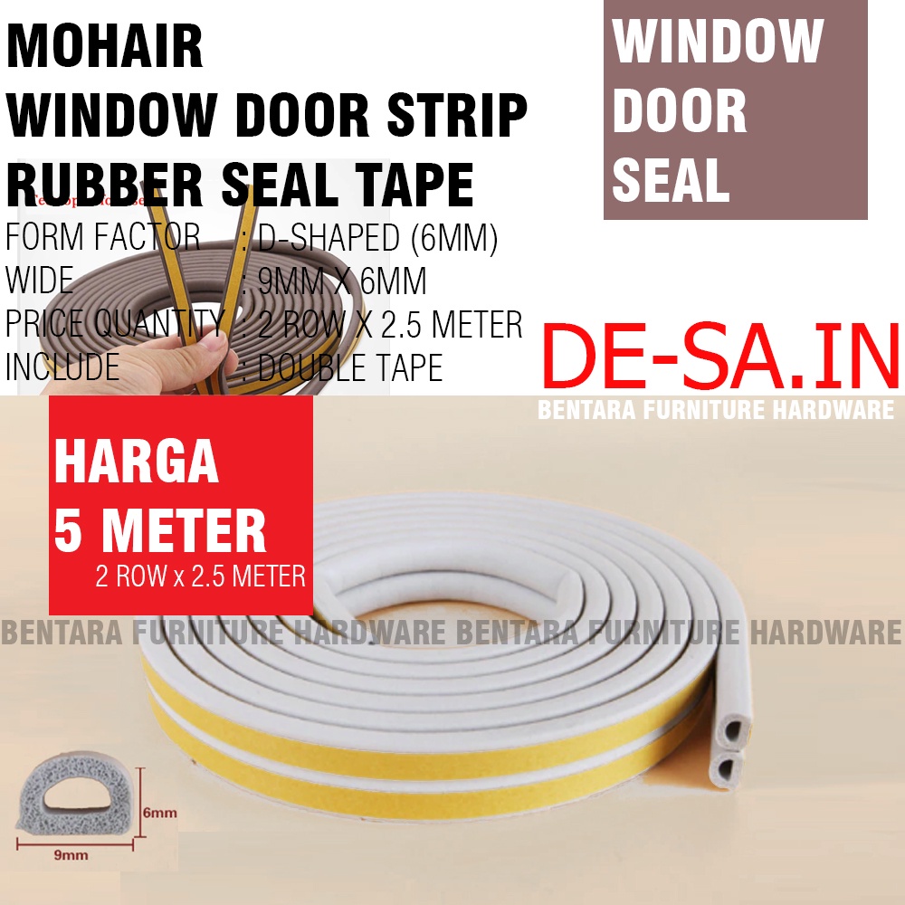 5 METER TIPE-D Moher Window Door Seal Strip GREY ABU Mohair Karet Double Tape Self Adhesive Celah Pintu Jendela EPDM FOAM RUBBER