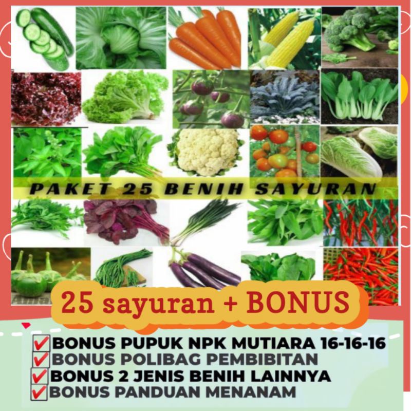 Paket 25 jenis biji benih sayuran bibit tanaman hidroponik + bonus