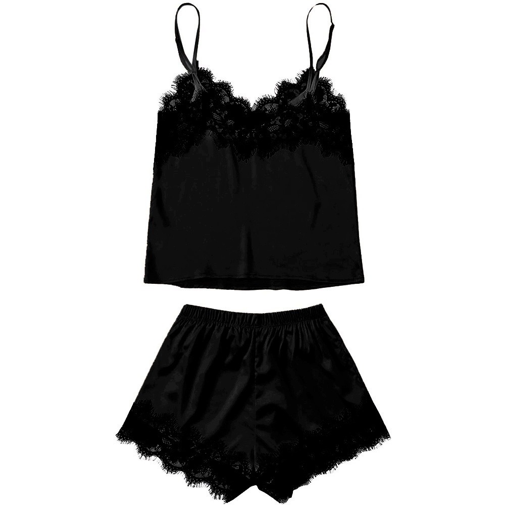 HUES.ID Sexy Lingerie Baju Tidur Wanita Import Sleepwear Bahan Silk Wanita 3049-BLACK