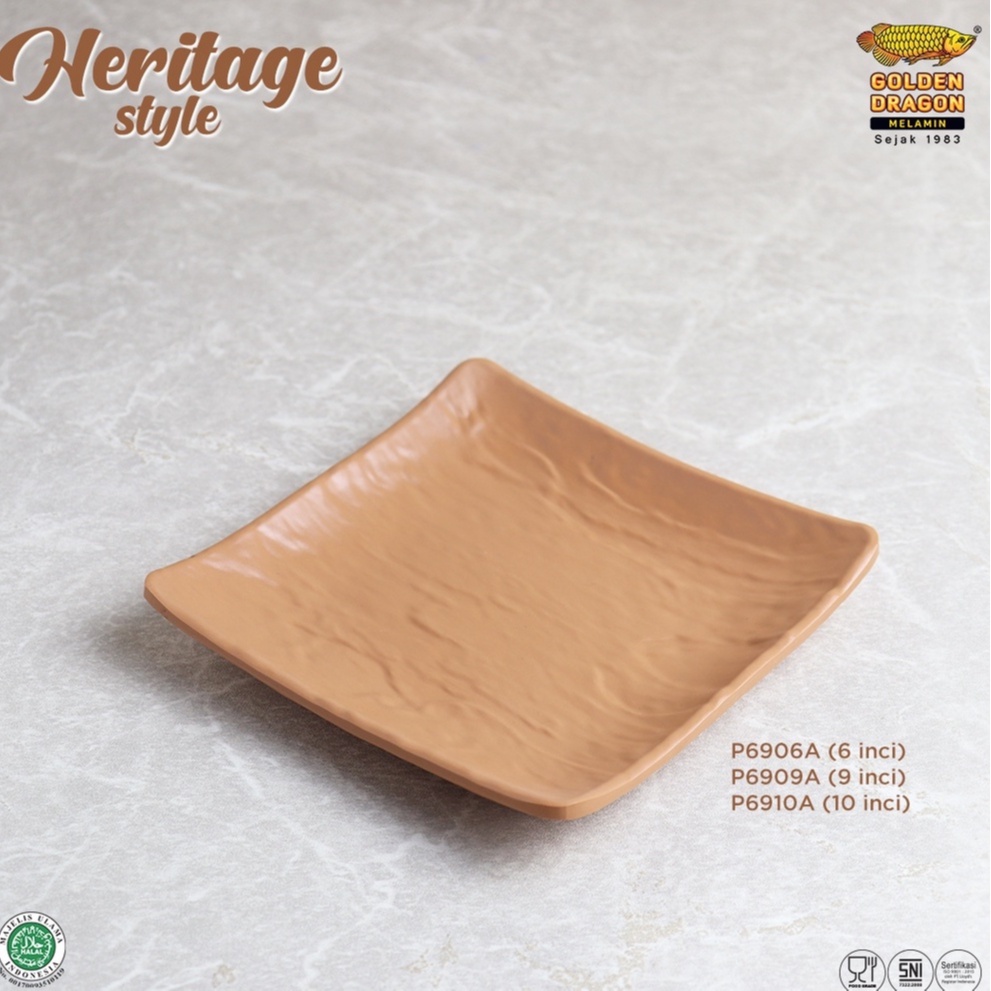 Piring Kotak Relief 9' P6909A - Heritage Style -Golden Dragon Melamin