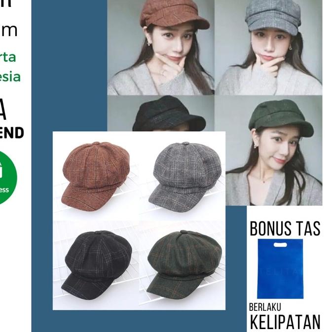 ♜ Topi Baret Wanita Korea Bahan Wol Motif Kotak-Kotak ❋