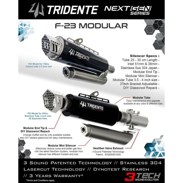 SILENCER ONLY KNALPOT RACING 3 SUARA 3TECH NEXTGEN TRIDENTE F23 ORIGINAL