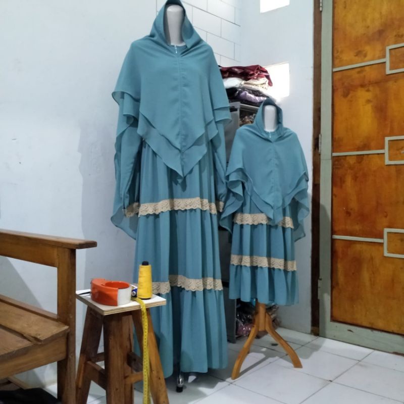 gamis ceruty couple ibu dan anak set khimar usia balita 0-3 tahun