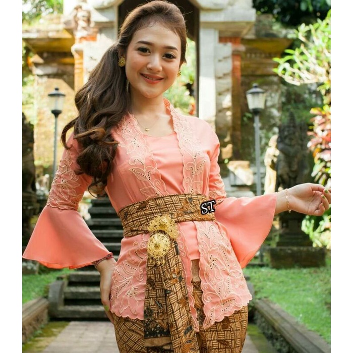 kebaya bordir jadi peach size XXL / kebaya bali jumbo / kebaya jumbo sopan