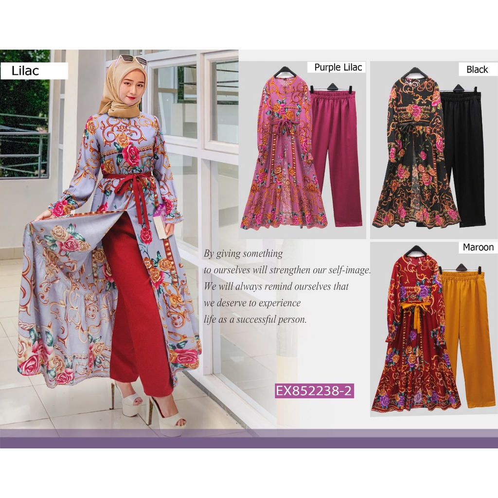 Setelan gamis + celana motif shela bahan rayon mix moscrepe merk extu (kode 852238-2)