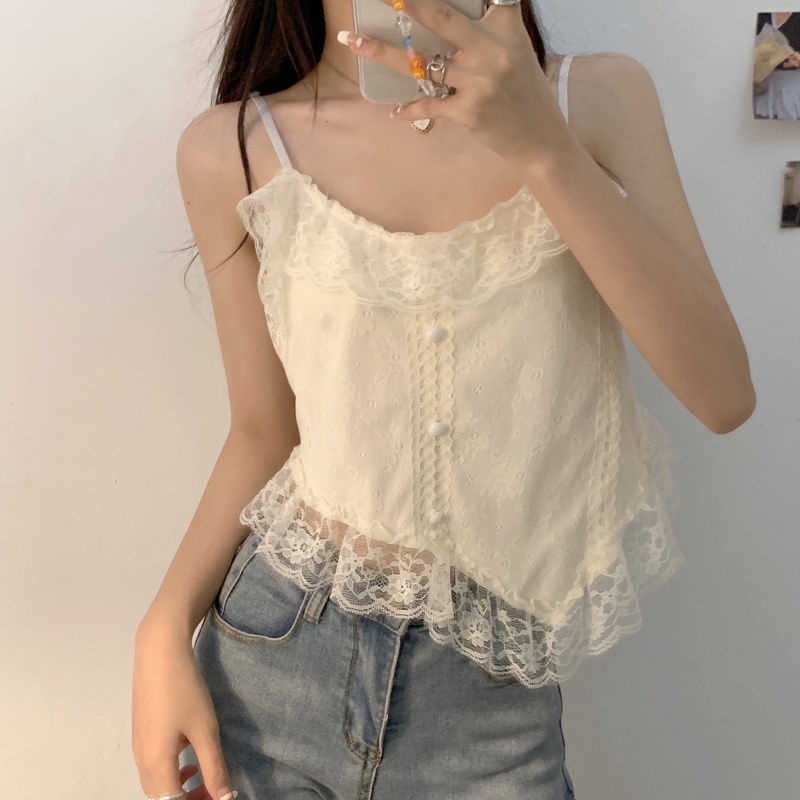 Renda tepi jahitan kamisol putih wanita musim panas gaya Perancis desain dalam gadis kecil hot luar top pendek