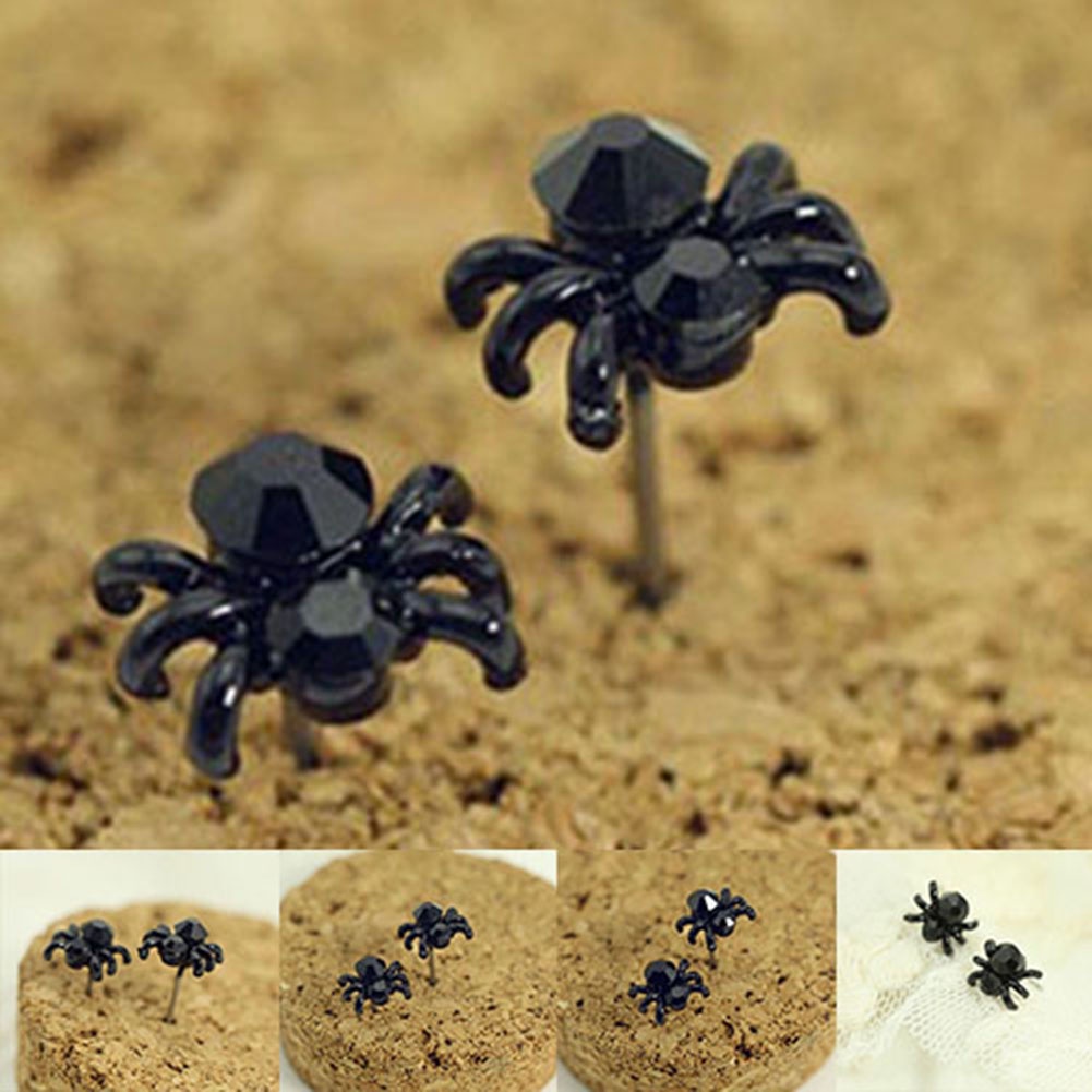 Anting Stud Desain Hewan Laba-Laba Mini 3D Warna Hitam Untuk Wanita