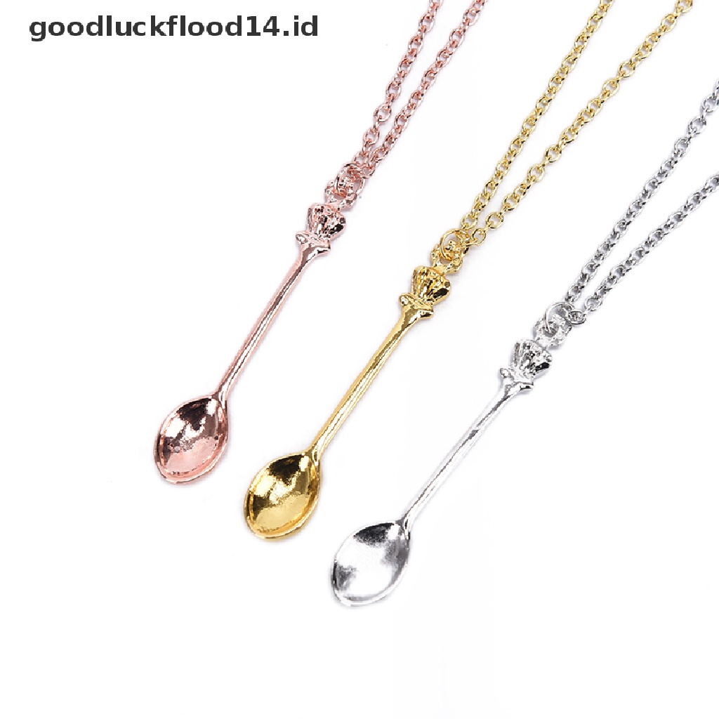 [OOID] Fashion Women Tiny Tea Spoon Crown Pendant Necklace Alloy Chain Charm Jewelry ID