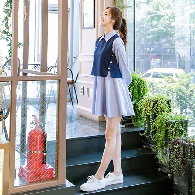 DS05 BLANCHE SET DRESS BLUE/ BAJU TERUSAN KEMEJA KERJA FORMAL WANITA IMPORT HONGKONG BANGKOK KOREA