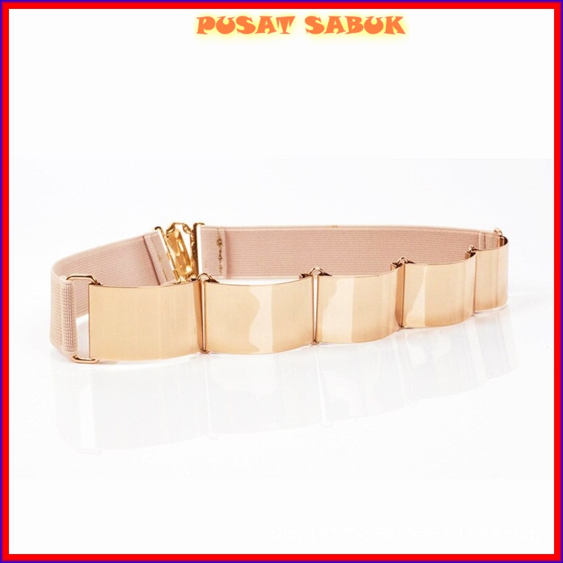 Gesper Plat GOLD Sabuk Karet Obi Ikat Pinggang Elastis Wanita Fashion Import Emas Women Belt 3 Hitam