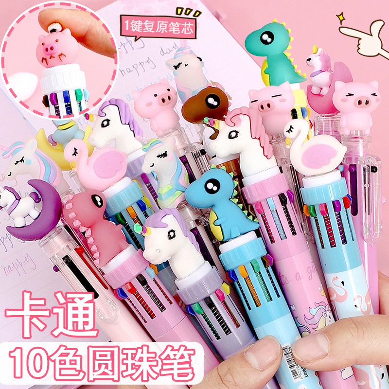 Pulpen Pena Cute Collection Ballpoint Multi color colour Warna 10 in 1 Multi Color, Bolpen warna warni, Bolpen lucu imut Pegasus Natal Dinosaurus Boneka Angsa bolpen pulpen