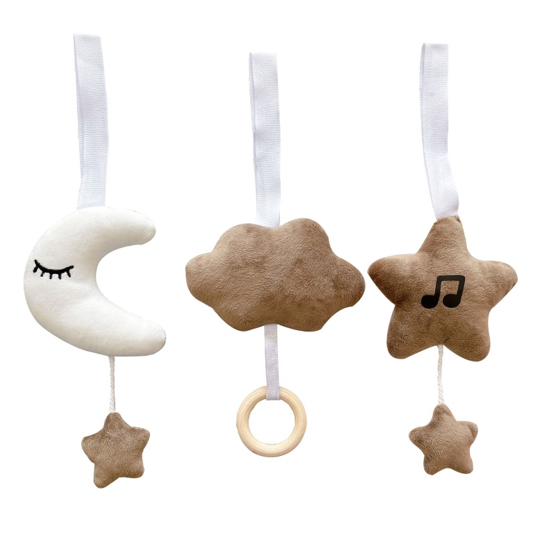 Mary 3pcs / Set Mainan Rattle Gantung Bentuk Bintang / Bulan / Awan Bahan Kayu Untuk Stroller Bayi