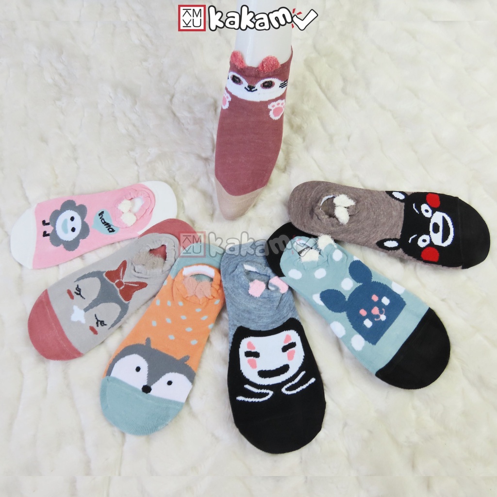 Kakamu Paket Kaos Kaki Invisible / Balet / Dibawah Mata Kaki Motif Karakter 3D Aksen Telinga Mix 12pcs