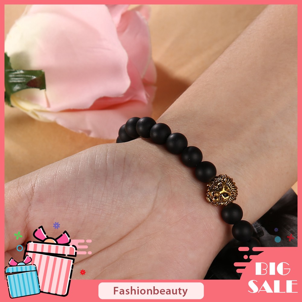 Aksesoris Fashion Pria Perhiasan Gelang Tangan Bahan Elastis Liontin Kepala Singa Warna Emas
