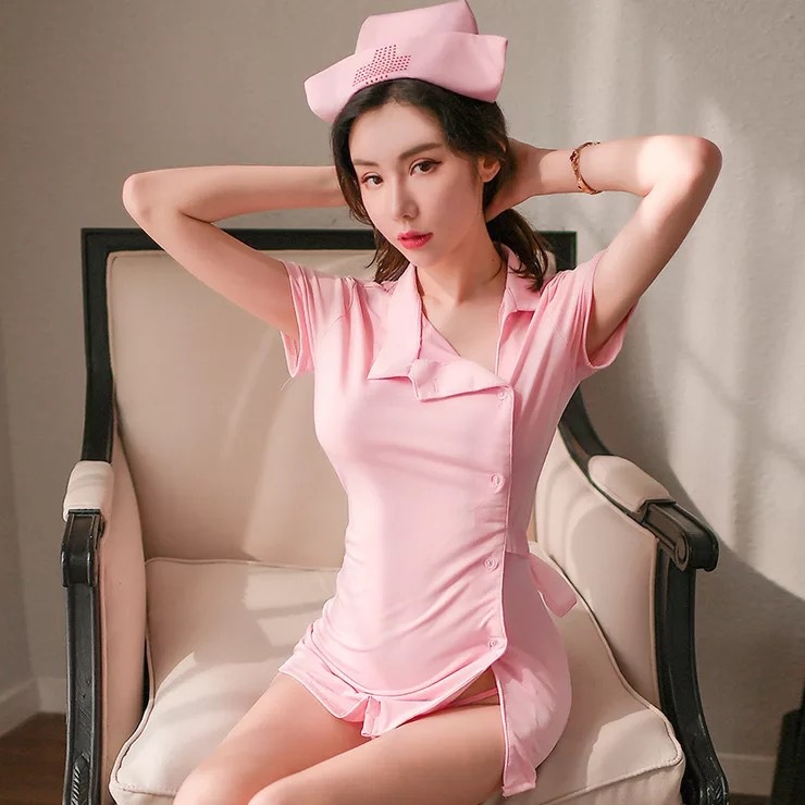 Lingerie Set Kostum Cosplay Seragam Perawat Warna Putih dan pink A280