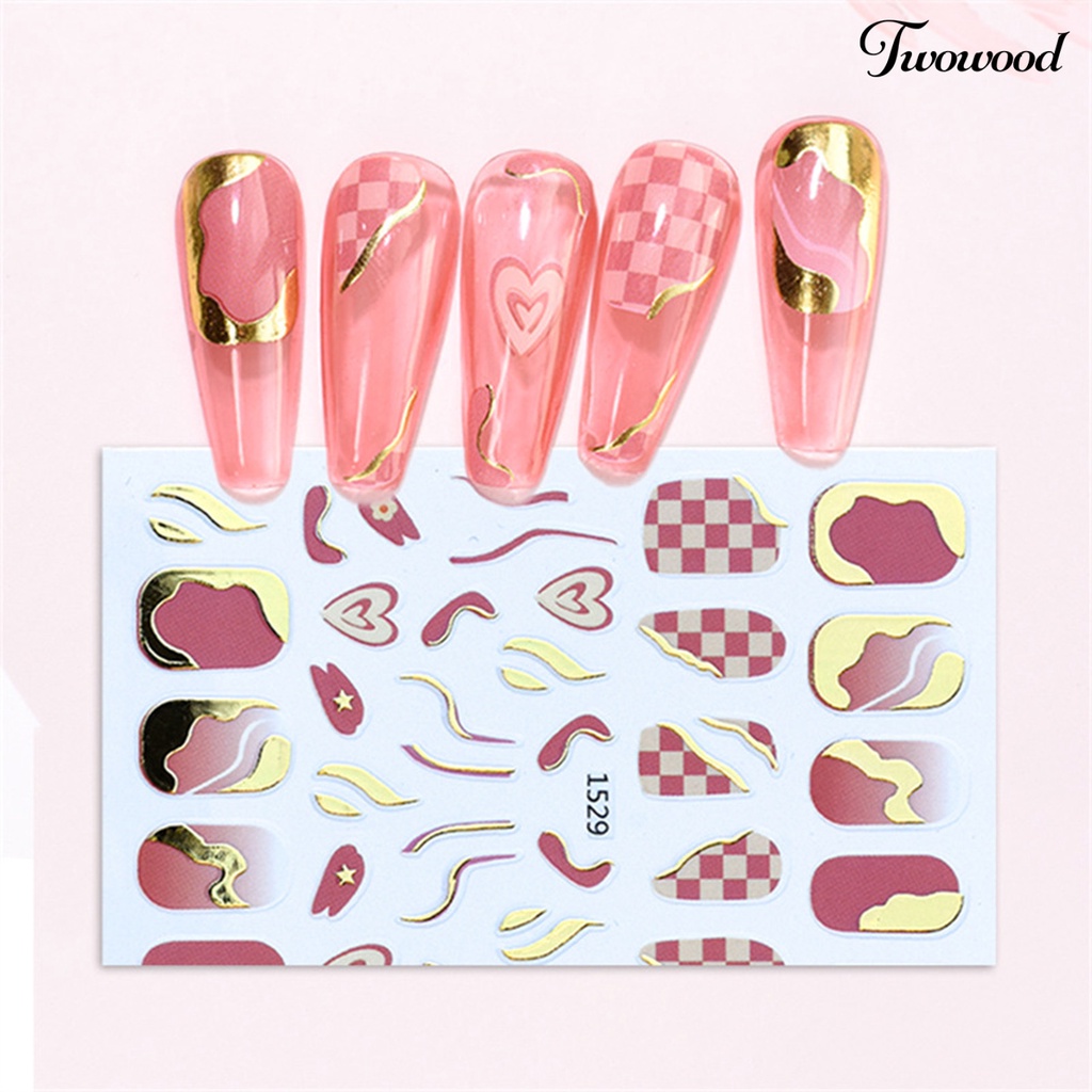 Twowood 1 Lembar Stiker Kuku Motif Kotak-Kotak Warna Emas Untuk Manicure / Nail Art Wanita