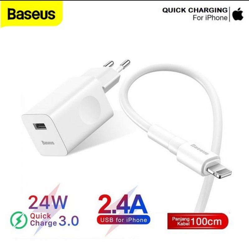 BASEUS Quick Charger 3.0 Travel Charger Set Kepala Charger Cable Kabel Charger iPHONE LIGHTNING