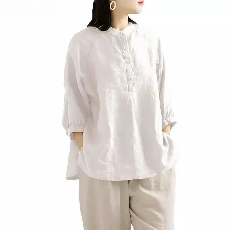 Happy Bahan Linen Kemeja Blouse Wanita Jumbo LD 120 Lengan 3/4 Korean Style