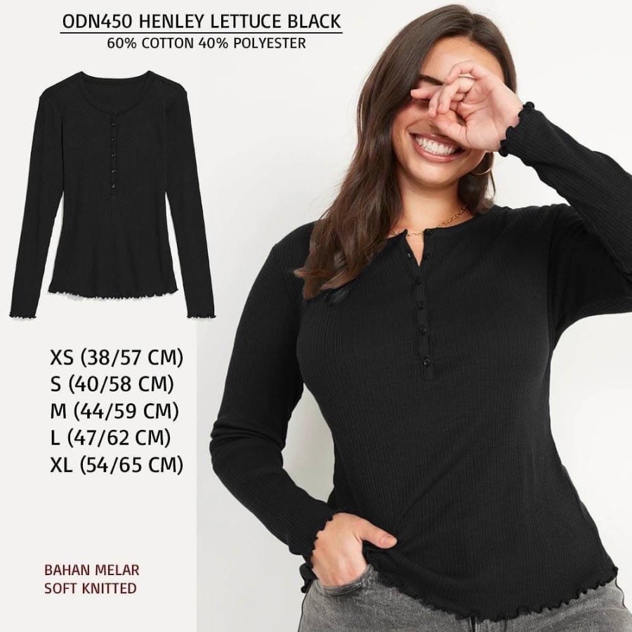 Baju Wanita Murah Odn450 Henley Lettuce 4 Warna Black/Heather/Ivory/Warm