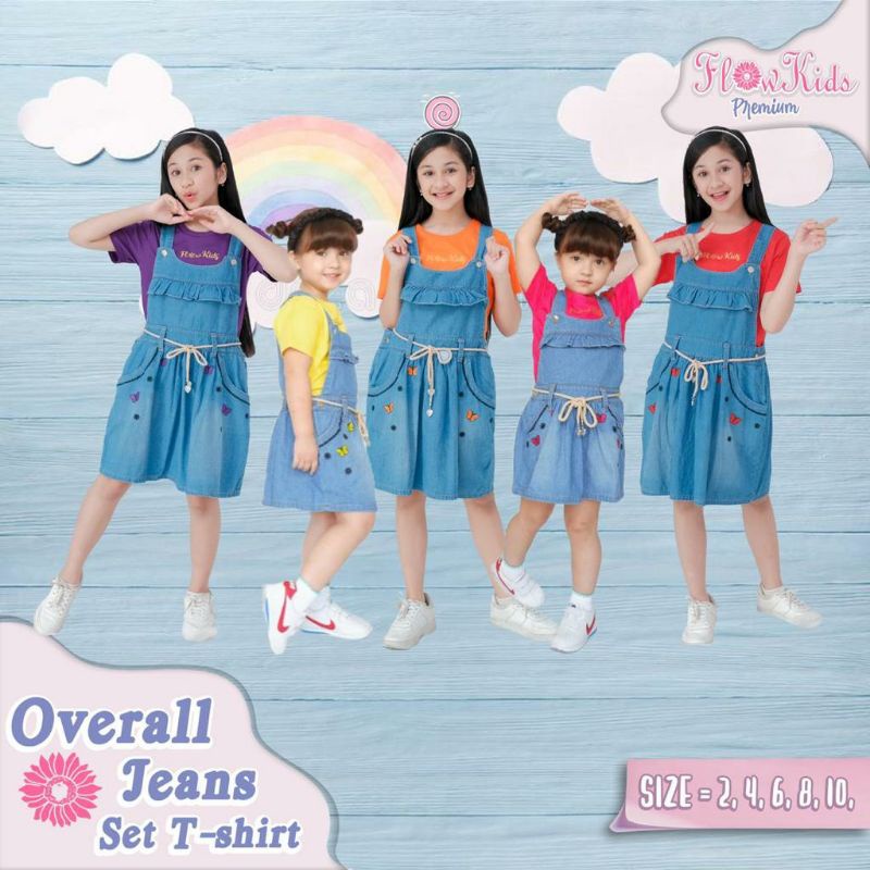 CUCI GUDANG OVERALL JEANS SET TSHIRT/OVERALL JEANS ANAK PEREMPUAN FLOWKIDS/ baju anak branded