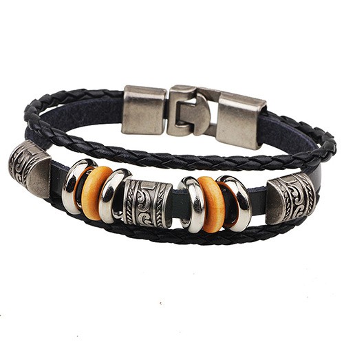 LRC Gelang Tangan Vintage Black Hollow Out Beads Decorated Multi-layer Metal Buckle Bracelet