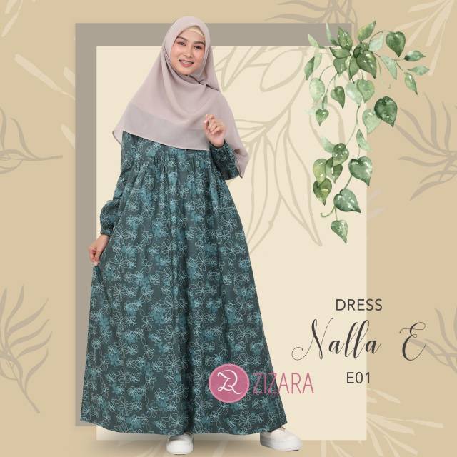 Gamis Nalla Dress Kode E01 Warna Hijau by Zizara Busui Syari Cantik Katun Jepang Adem Nyaman Murce