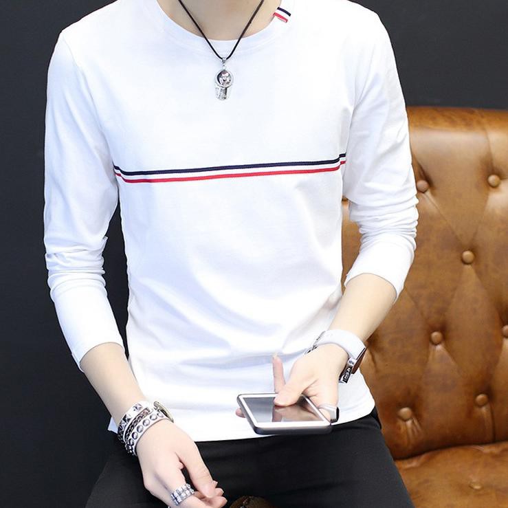 Recomended.. [ BISA COD ] Kaos Leher V Neck Pria Korea Lengan Panjang Polos Dada Garis HITAM PUTIH M
