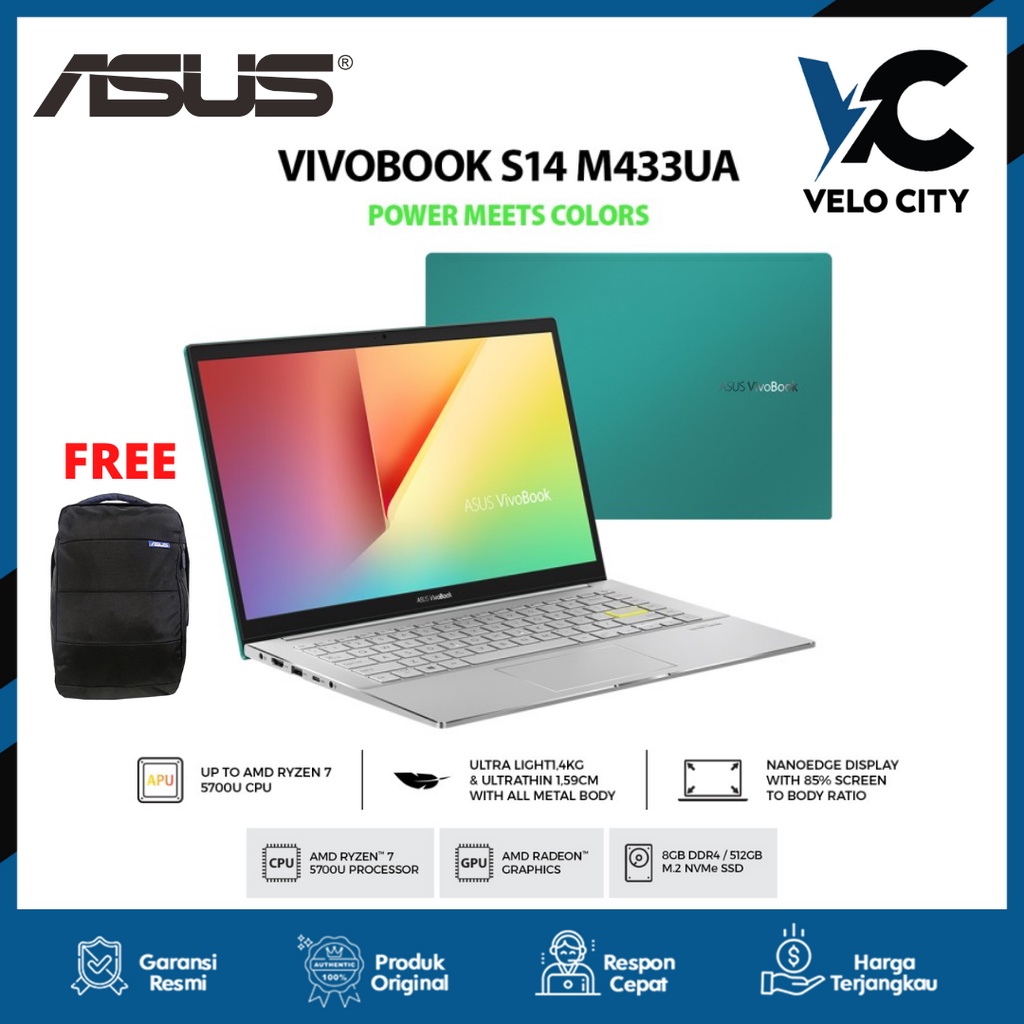 ASUS VivoBook S14 M433UA-EB752TS - AMD Ryzen™ 7 5700U 8GB / 512GB Garansi resmi ASUS 2 Tahun