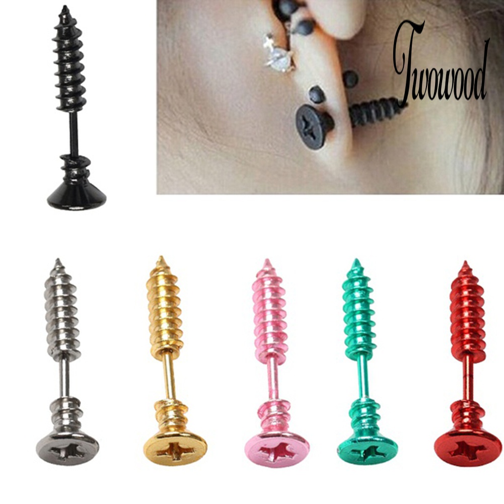 1 Pasang Anting Stud Bentuk Sekrup Bahan Stainless Steel Gaya Punk Gothic Untuk Unisex