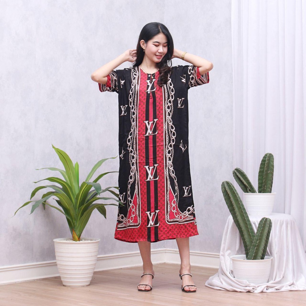 Daster Batik Lengan Pendek - Motif Daun - Leher Kancing (DPT001-133) Batik Prass-PHARSA MERAH